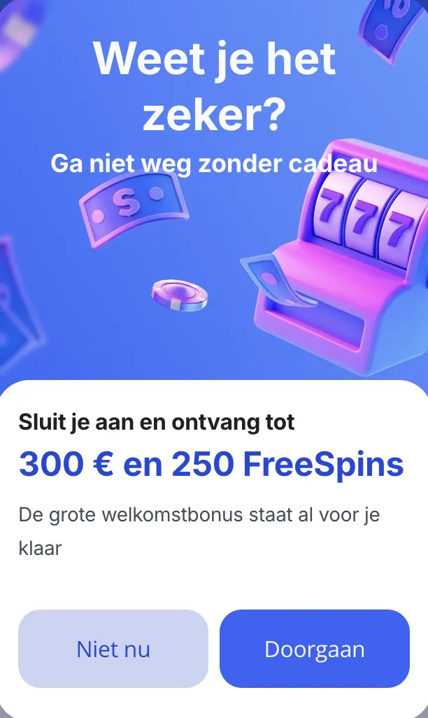 Pop-up van Goldify Casino met een welkomstbonus tot 300 euro en 250 free spins